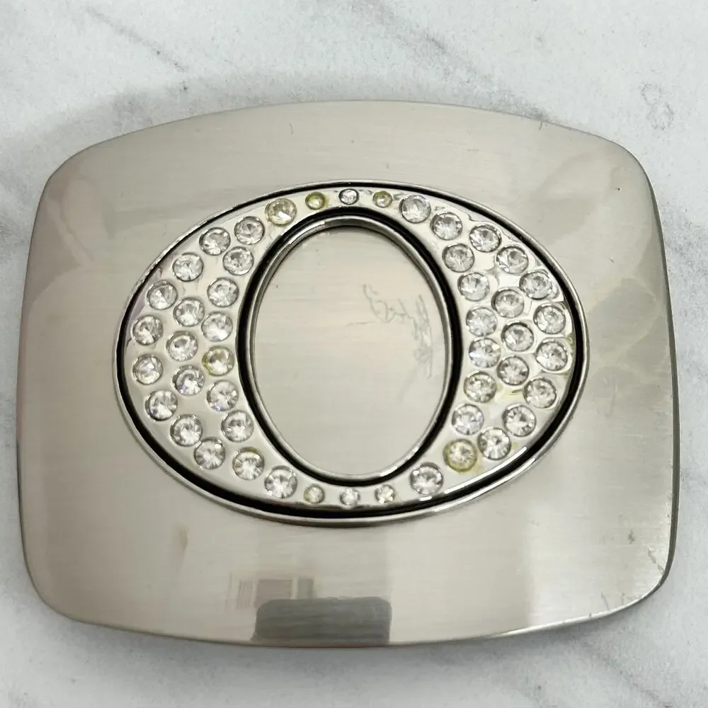 Rhinestone Studded O Letter Initial Monogram Silver Tone Belt Buckle ✨